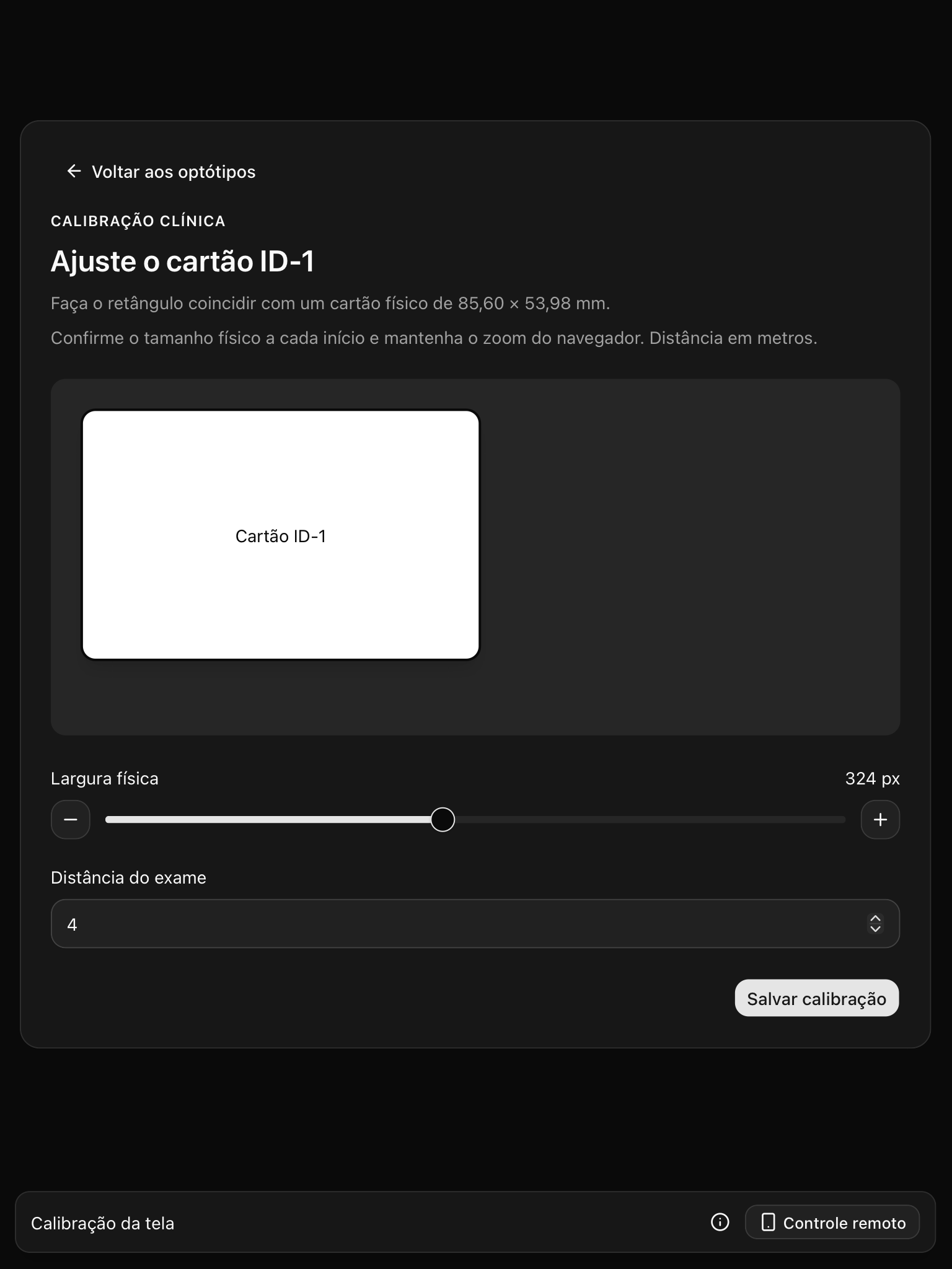 Calibração real do Dazuno em tablet, com cartão de referência e distância de exame.